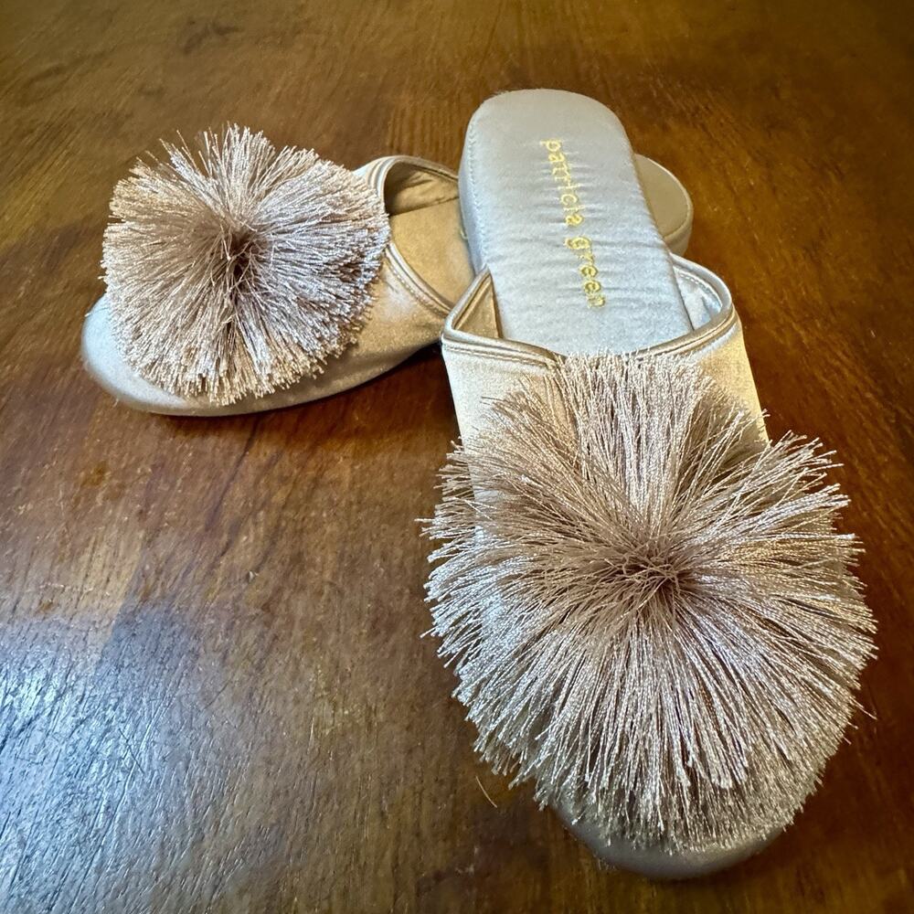 Woman’s 7 Patricia Green Rose Champagne ￼Satin Pom Pom Slippers Mule Bride